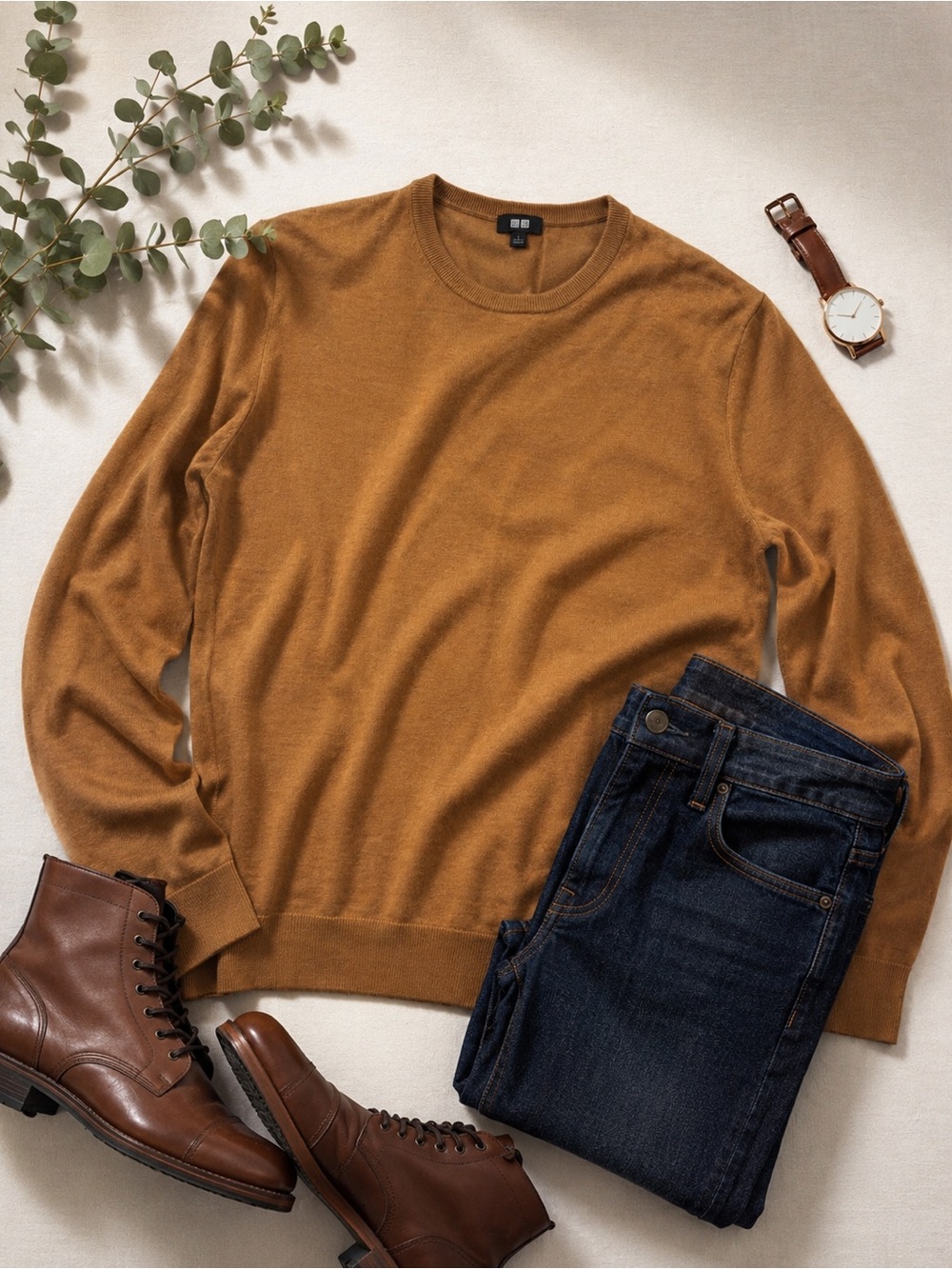 Men's Wool Crewneck Sweater in Camel Brown